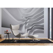 Een moderne woonkamer met een fotobehang van abstracte architectuur in het wit.
