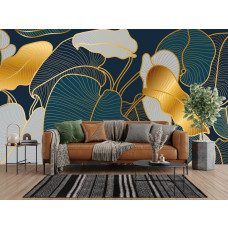 Fotobehang met grafisch bladmotief in goud op donkere basis in de woonkamer.