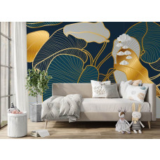 Fotobehang met decoratieve abstracte bladeren in goud en lijnstructuur in de huiskamer.