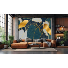 Fotobehang met fijne gouden lijnen en abstract bladpatroon in de woonkamer.