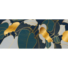 Fotobehang abstracte gouden bladeren met fijne lijnstructuur op donkere achtergrond.