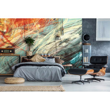 Een fotobehang van abstracte kunst in moderne stijl, ideaal voor een slaapkamer.