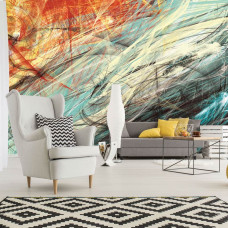 Een fotobehang met abstracte kunst in levendige kleuren voor een creatieve woonkamer.