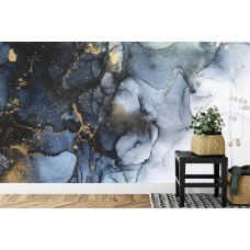 Een fotobehang met een abstracte marmeren muur in een huiskamer.
