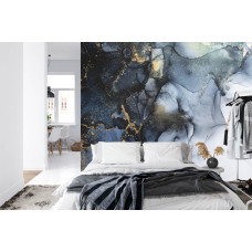 Een fotobehang met een abstracte marmeren muur in een slaapkamer.