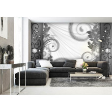 Een fotobehang met kleurrijke abstracte vormen en bloemen in een moderne setting.