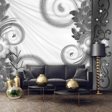 Een fotobehang met abstracte vormen en bloemen in een kunstzinnige stijl, geschikt voor de woonkamer.