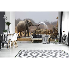 Een fotobehang van Afrikaanse wilde dieren, waaronder olifanten en zebra’s, in een natuurlijke omgeving.