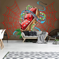 Een fotobehang met dobbelstenen en alchemie-symbolen in de woonkamer.