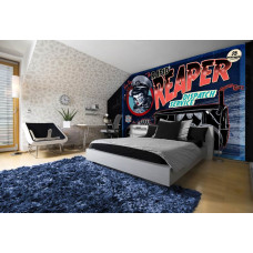 Een fotobehang met een rock-'n-roll taxi met doodshoofd en reaper voor de kinderkamer.
