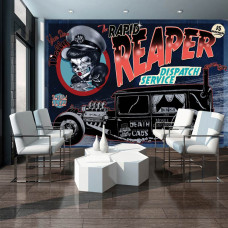 Een fotobehang met een taxi in rock-'n-roll-stijl met doodshoofd en reaper motief.