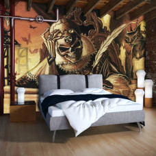 Een fotobehang met een gedetailleerde doodskop in alchemistische stijl, ideaal voor een slaapkamer.