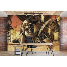 Een fotobehang met een fantasy doodshoofd in alchemistische stijl, geschikt voor een kantoor.