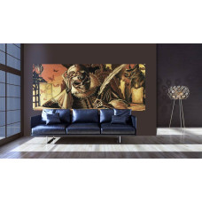 Een fotobehang met een schedel in alchemie thema, passend voor een woonkamer.