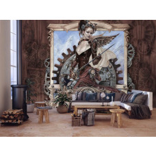 Een fotobehang met een sepia afbeelding van Steam Jenny, geschikt voor de huiskamer.