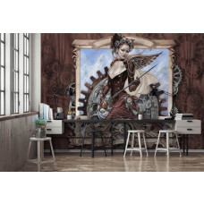 Een fotobehang met Steam Jenny in vintage sepia stijl, perfect voor een woonkamer.