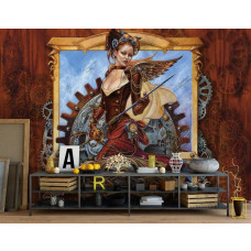 Een fotobehang met de afbeelding van Steam Jenny in een alchemistische stijl, perfect voor de huiskamer.
