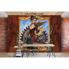 Een fotobehang met een artistieke weergave van Steam Jenny, geschikt voor een kantoor.