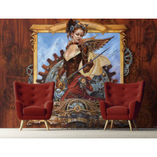 Een fotobehang met Steam Jenny in een sfeervolle alchemie stijl voor de woonkamer.