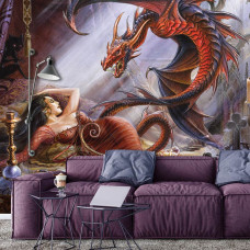 Een fotobehang met Upir en draak in een fantasy setting, ideaal voor de huiskamer.