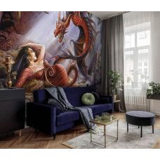 Een fotobehang met een surrealistische weergave van Upir en een draak, geschikt voor de woonkamer.