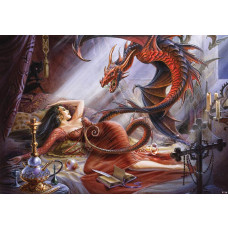 Draak en vrouw, fantasy alchemie fotobehang met mysterieuze, mythische elementen.