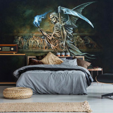 Een fotobehang met een donkere schedel, passend voor de slaapkamer.