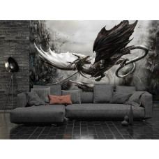 Een fotobehang met een draak in fantasystijl, ideaal voor de woonkamer.