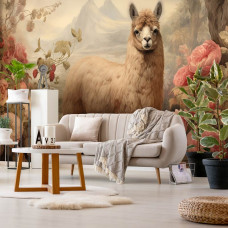 Een fotobehang van een alpaca tussen de bloemen in natuurstijl met een lama in de huiskamer.