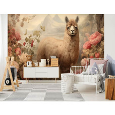 Een fotobehang van een alpaca tussen de bloemen in natuurstijl met een lama in de kinderkamer.