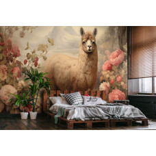 Een fotobehang van een alpaca tussen de bloemen in natuurstijl met een lama in de slaapkamer.