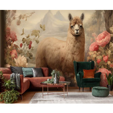 Een fotobehang van een alpaca tussen de bloemen in natuurstijl met een lama in de woonkamer.