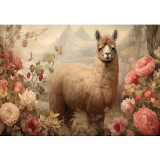 Fotobehang van een schattige alpaca tussen kleurrijke bloemen, met een natuurlijke en vrolijke uitstraling.