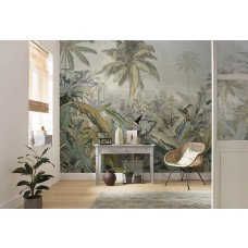 Een fotobehang met een prachtige weergave van de Amazone jungle, vol planten en bloemen, in een avontuurlijke stijl. Dit ontwerp brengt een tropische sfeer in de woonkamer.
