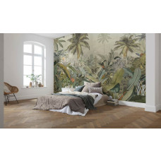 Een fotobehang met een prachtige weergave van de Amazone jungle, vol planten en bloemen, in een avontuurlijke stijl.