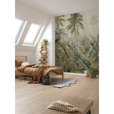 Een fotobehang met een prachtige weergave van de Amazone jungle, vol planten en bloemen, in een avontuurlijke stijl. Ideaal voor een kinderkamer om een speelse jungle sfeer te creėren.