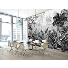 Een fotobehang met Amazone jungle-elementen en groene natuur voor de huiskamer.