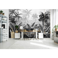Een exotisch jungle-fotobehang met tropische planten in een levendig ontwerp voor een junglekamer.