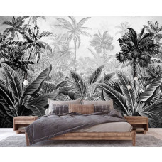 Een fotobehang met tropische planten in de Amazone jungle, geschikt voor een slaapkamer.