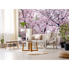 Een fotobehang met appelbloesem en bloemen te zien in de woonkamer.