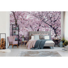 Een fotobehang met appelbloesem en bloemen.