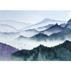 Een fotobehang van aquarel bergen in mist.