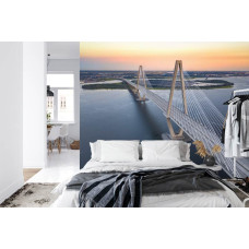 Een fotobehang met de Arthur Ravenel Jr. Bridge tegen een stadslandschap, weergegeven in een slaapkamer.