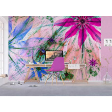 Een kantoor met een stijlvol fotobehang van een artistiek bloemenschilderij.