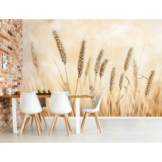Fotobehang met een artistiek graanveld in warme tinten in een stijlvolle keuken.