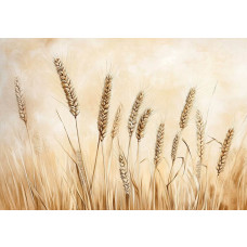 Fotobehang met een artistieke weergave van een graanveld met wuivende aren onder een zachte lucht.