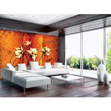 Een fotobehang met een schilderij van artistieke bloemen in abstracte kunststijl.