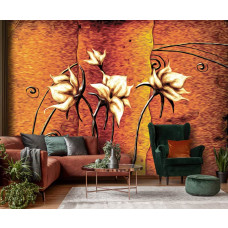 Een fotobehang van artistieke bloemen in abstracte kunststijl voor de woonkamer.