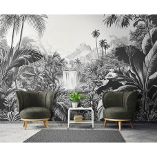 Fotobehang van een kleurrijke artistieke jungle aan de muur van een sfeervolle woonkamer.