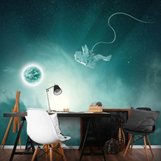 Een fotobehang met een astronaut in een futuristisch ruimteontwerp, ideaal voor een gamekamer.